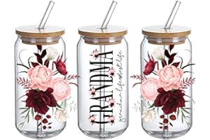 DTHOME3 3PCS Grandma UV DTF Glass Cup Wrap Transfer - Gift for Grandma, Grandma with Floral UVDTF can Glass, Grandma Life Best Life Flower Waterproof Decal for 16oz Glass Cups