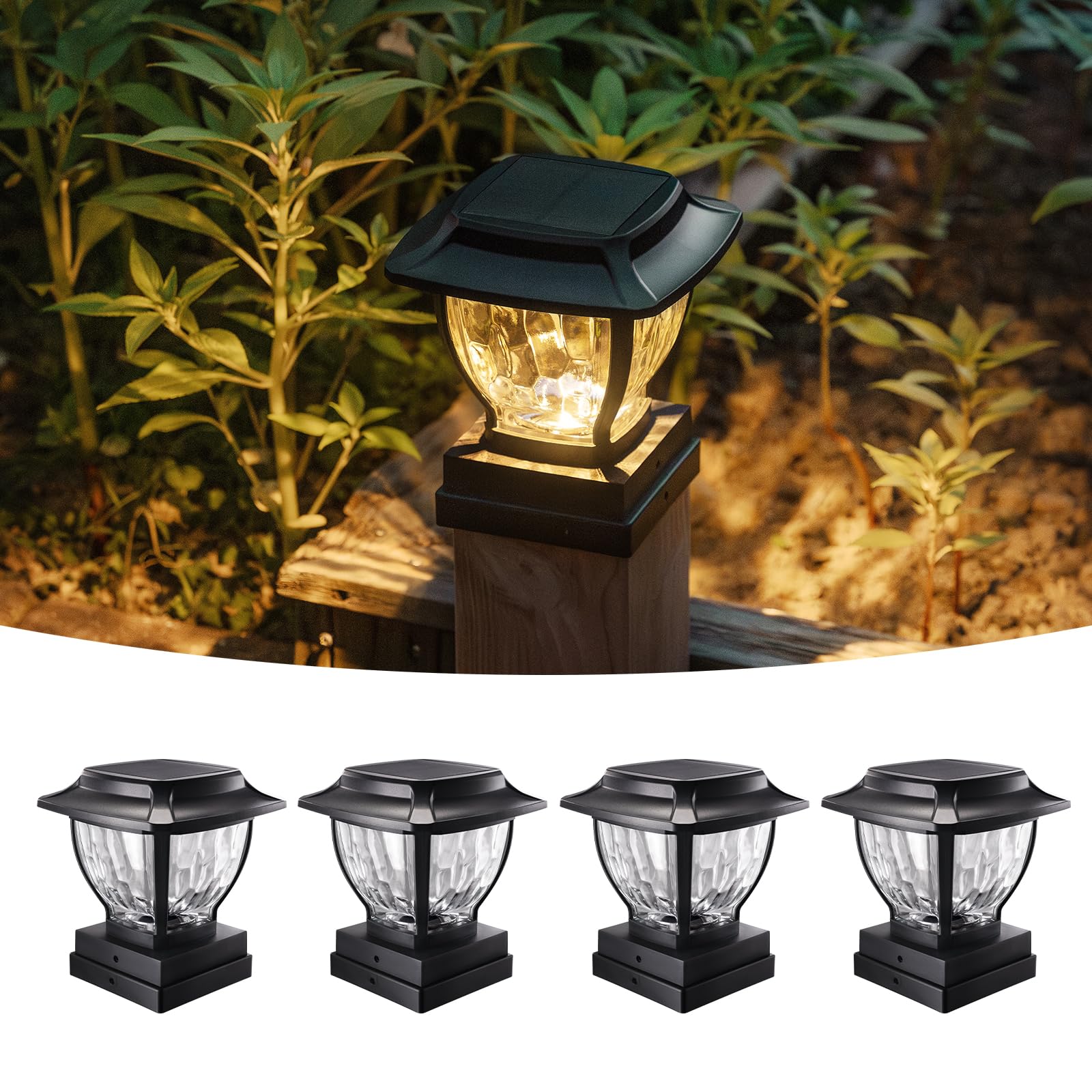 Photo 1 of OPOIRA Solar Post Cap Lights Outdoor, Glass Deck Fence Post Cap Light Solar Powered for 4x4 Vinyl/Wooden Posts, Solar Lamp Post Light with 2 Lighting Modes for Patio Garden, Bright Warm White (4 Pack)