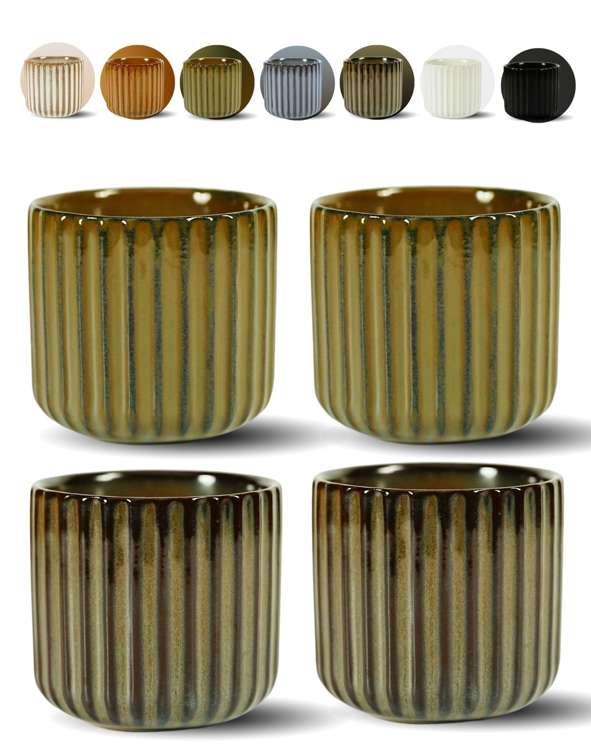 Erkundpresso. Espresso Cup Set 4x180ml, Thick-Walled Handleless Ceramic Cups, Heat-Retaining Scald-Proof, BPA-Free Kiln-Glazed for Espresso/Cappuccino, Unique Vintage Design - Green + Bronze