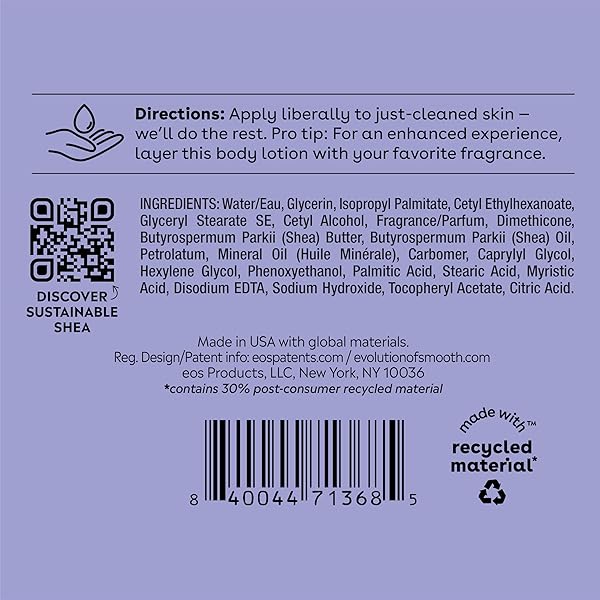 EOS SHEA BETTER BODY LOTION VANILLA CASHMERE, 24-HOUR MOISTURE SKIN CARE, LIGHTWEIGHT & NON-GREASY, NATURAL SHEA, VEGAN, VANILLA BODY LOTION, 16 FL OZ
