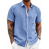 Runcati Mens Linen Button Down Shirts Casual Short Sleeve Shirt Summer Beach Wedding Tops with Pocket