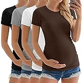 Neer 4 Pack Women's Maternity Shirts Ribbed Short Sleeve Maternity Tops Crew Neck Cotton Tee Side Ruched Pregnancy Clothes