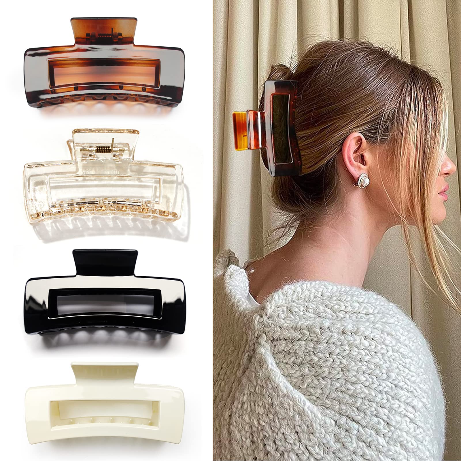 Kavya Hair Claw Clips Women - 4pcs 4.13’’ Hair Clips, Plastic Nonslip Jumbo Square Strong Hold Claw Clips for Thick Hair,Hair Accessories for Women(B)