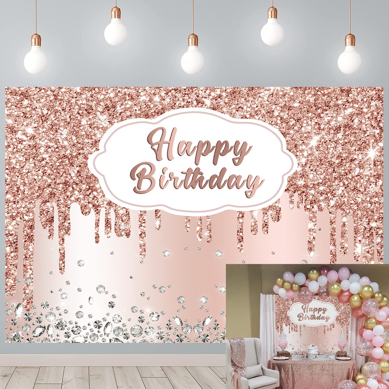 Rose Gold Birthday Party Backdrop Pink Glitter Diamonds Happy Birthday Photography Background Girls Woman Party Decoration Cake Table Banner Supplies