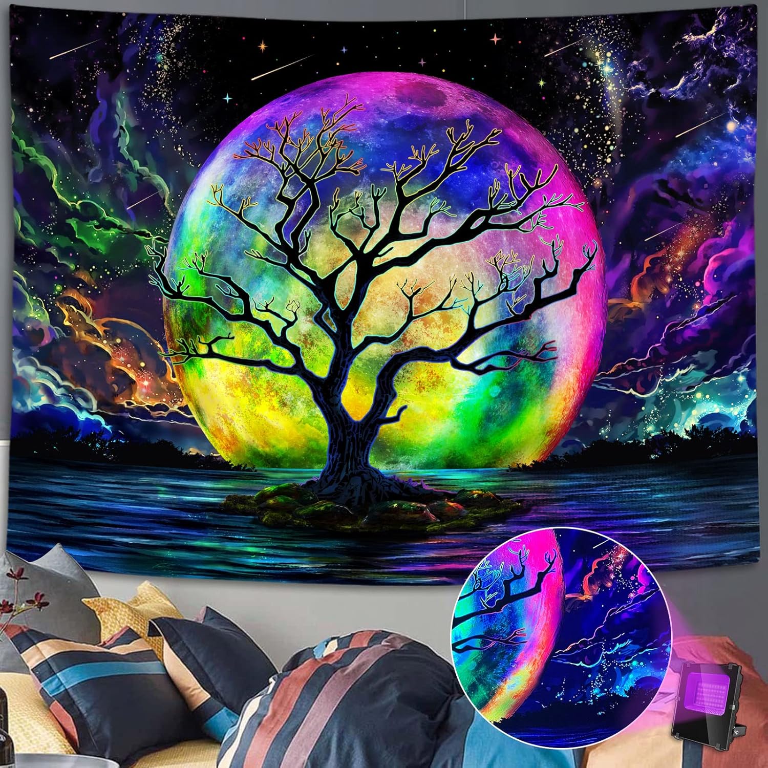 Tapestries - Faxdong Blacklight Moon Tapestry, UV Reactive Tree Lake Colorful Starry Night Galaxy Space Clouds Wall tapestry for Bedroom Decor 36×48 inch