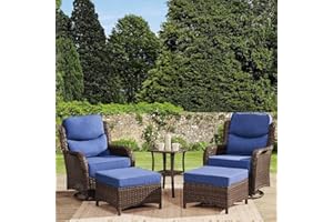 HILLGA Luxury Outdoor Swivel Rocker Patio Chairs of 2 with 6 Inch Thick Cushions and Side Table, Swivel Outdoor Chairs 5PCS High Back Wicker Patio Furniture Set for Porch, Balcony, Deck in Blue