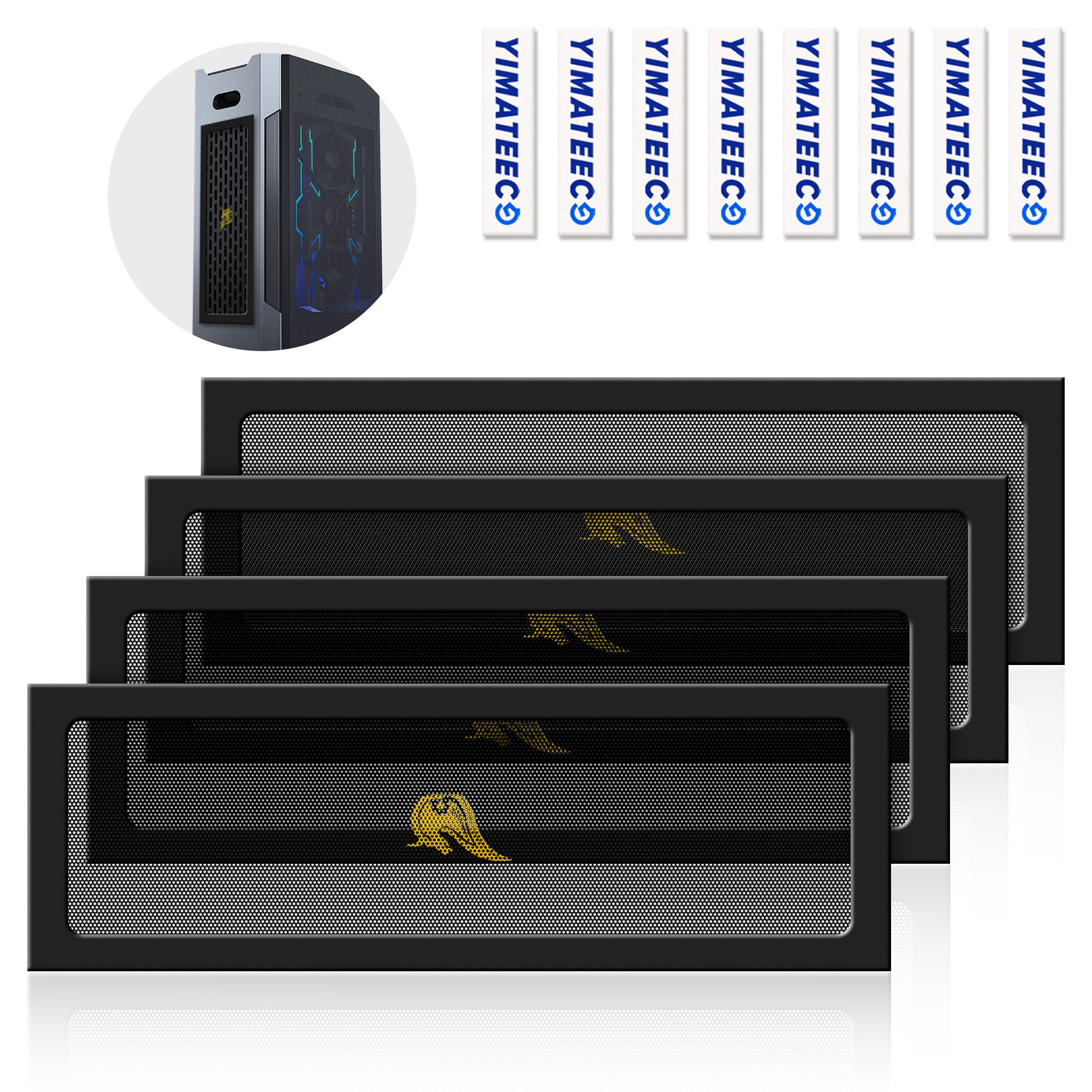 YIMATEECO 360mm PC Case Dust Mesh Filter for Computer Chassis Cooler, 4 Pack PC Dust Filter with Magnetic Frame Fan Grills Dustproof Cover PVC 50 Mesh (PVC Gentleman, 120 * 360mm, 4pcs, Black) — image 1