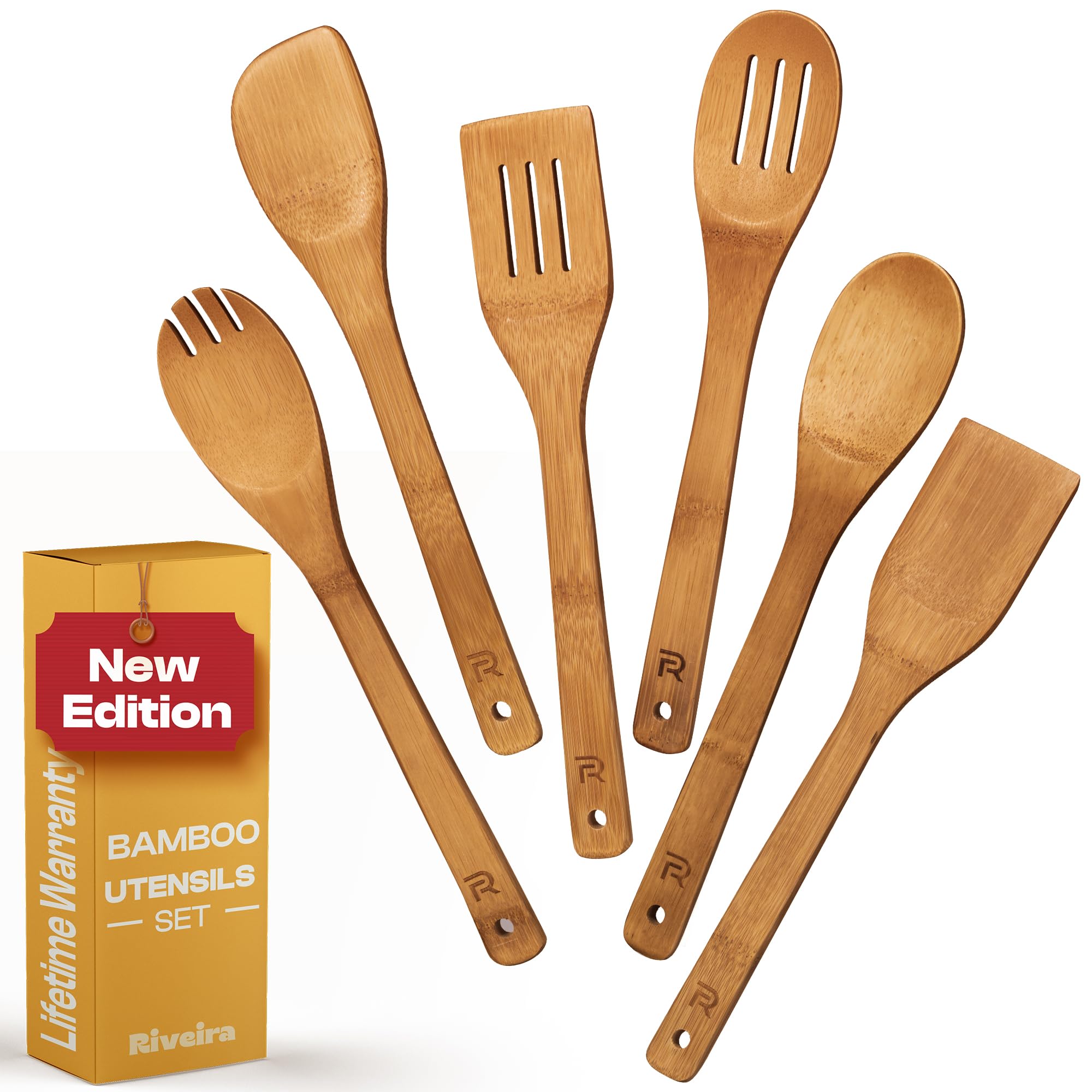 Riveira Dark Bamboo Wooden Spoons for Cooking 6-Piece, Apartment Essentials Wood Spatula Spoon Nonstick Kitchen Utensil Set Premium Quality Housewarming Gifts for Everyday Use