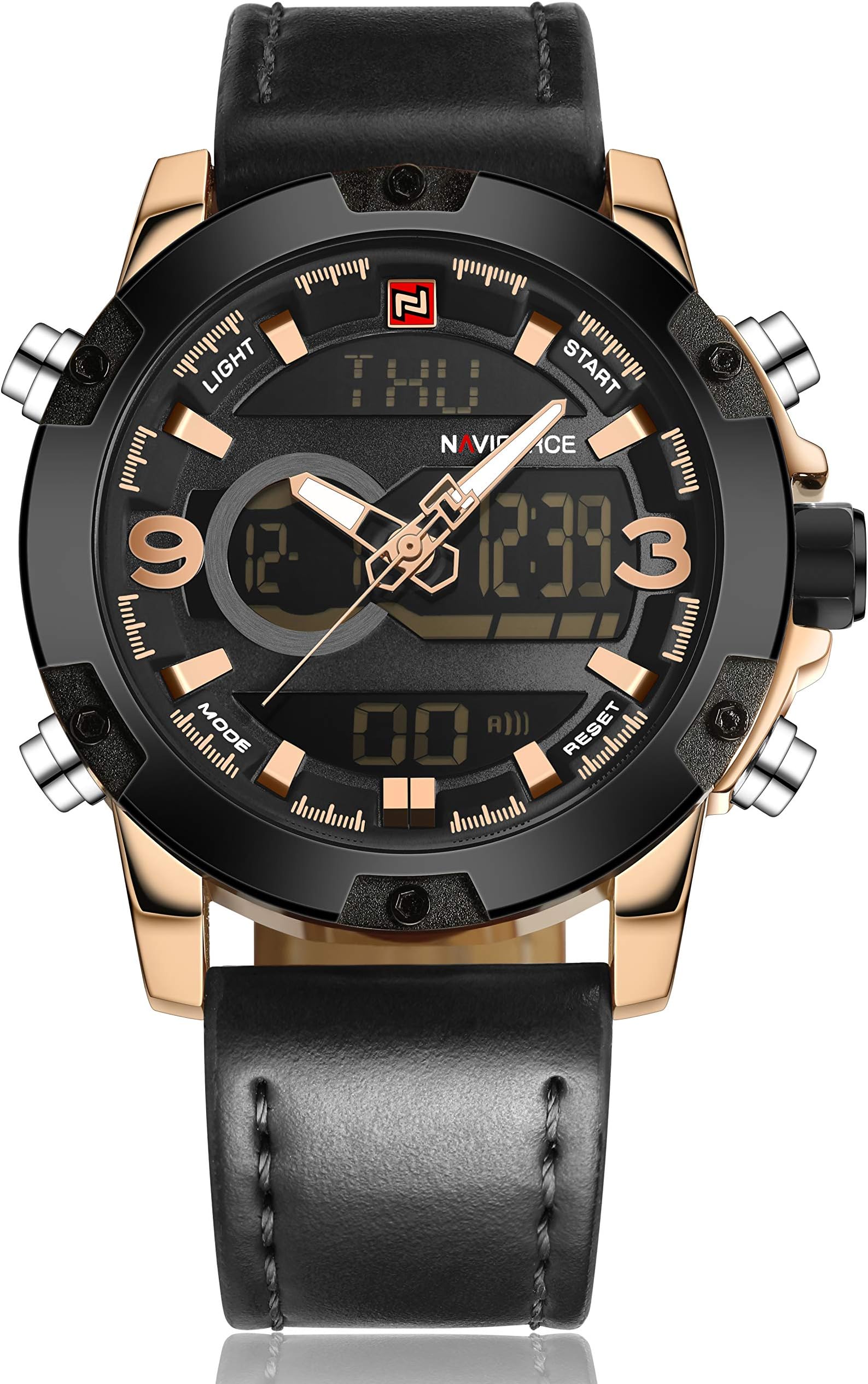 Tonnier Genuine Leather Band Analog Digital LED Dual Time Display Mens Watch