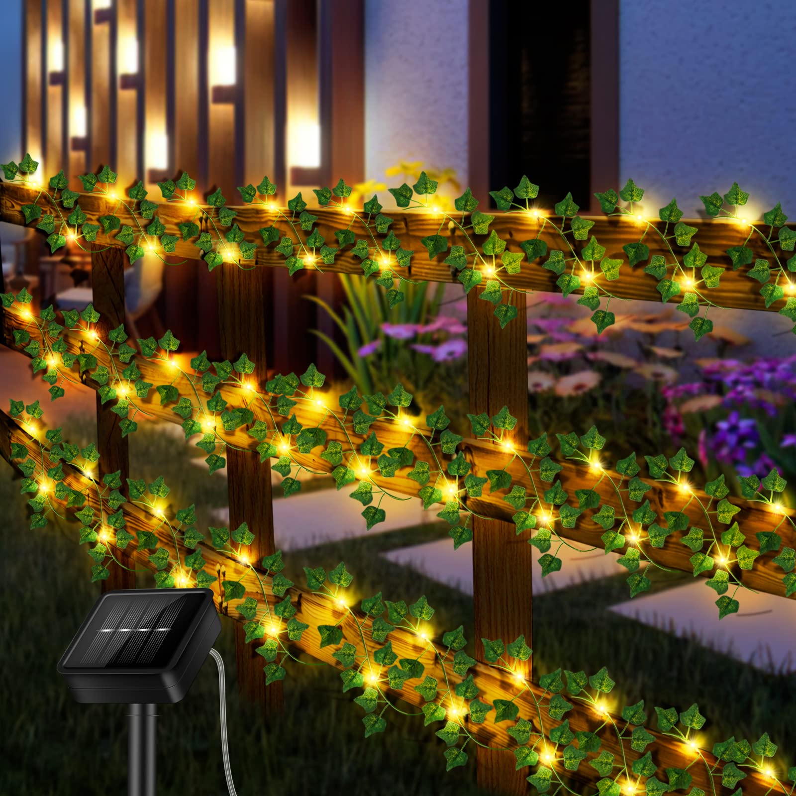 WIGUROE Solar LED String Lights, Artificial Ivy Leaves Garland with LEDs String Light, Waterproof 8 Modes Artificial Ivy Fairy Lights Hanging Plant Decoration for Wall Wedding Garden (8m-80LEDs) (5M)