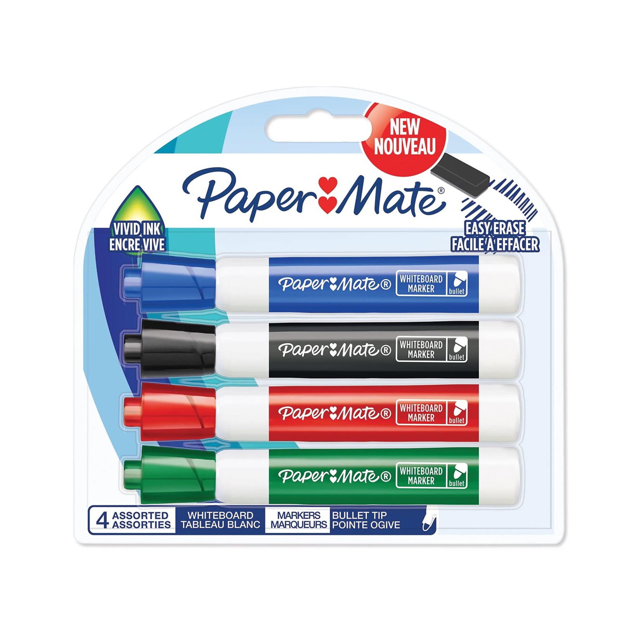 Paper Mate Low Odour Whiteboard Markers, Bullet Tip, Assorted Ink Colours, 4 Count