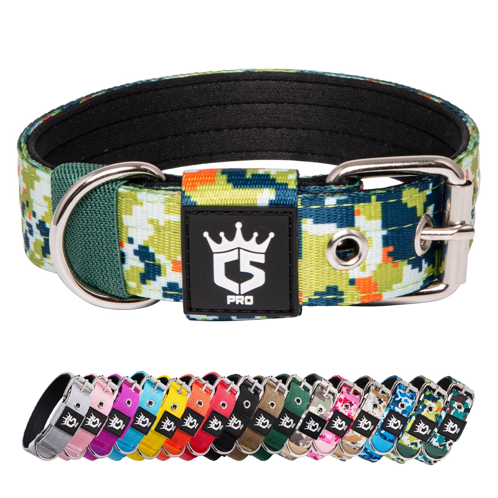TSPRO Heavy Duty Tactical Dog Collar 1.25" Wide, Padded Dog Collar with Metal Buckle, Adjustable for Walking Training Outdoor for Small Dogs (Camo Green, S)