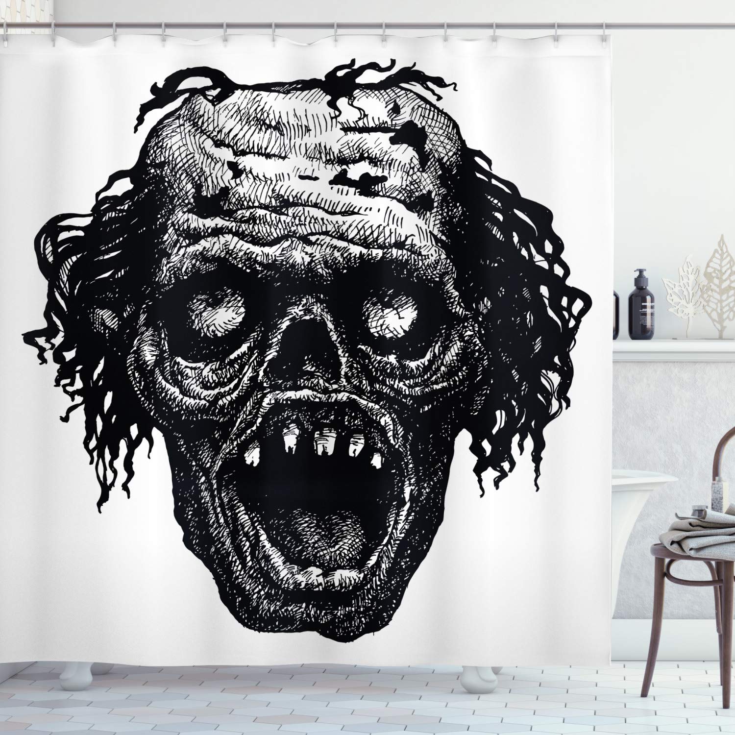 ABAKUHAUS Halloween Shower Curtain, Zombie Head Evil Dead Man Portrait Fiction Creature Scary Monster Graphic, Cloth Fabric Bathroom Decor Set with Hooks, 78 Inches, Black Dark Grey