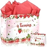Woosytoo Strawberry 1st Birthday Gift Bag Berry Birthday Decorations Large Sweet One Wrapping Bag with Tissue Paper and Greeting Card for Baby Girl Christmas Xmas Baby Shower Party Favors Supplies