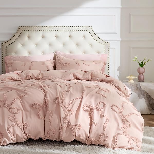BEDSURE BOHO DUVET COVER QUEEN SIZE – ROSE PINK TUFTED BOHO BEDDING, FARMHOUSE SHABBY CHIC EMBROIDERY BEDDING FOR ALL SEASONS, 3 PIECES, 1 SOFT JACQUARD QUEEN COMFORTER COVER AND 2 PILLOW SHAMS