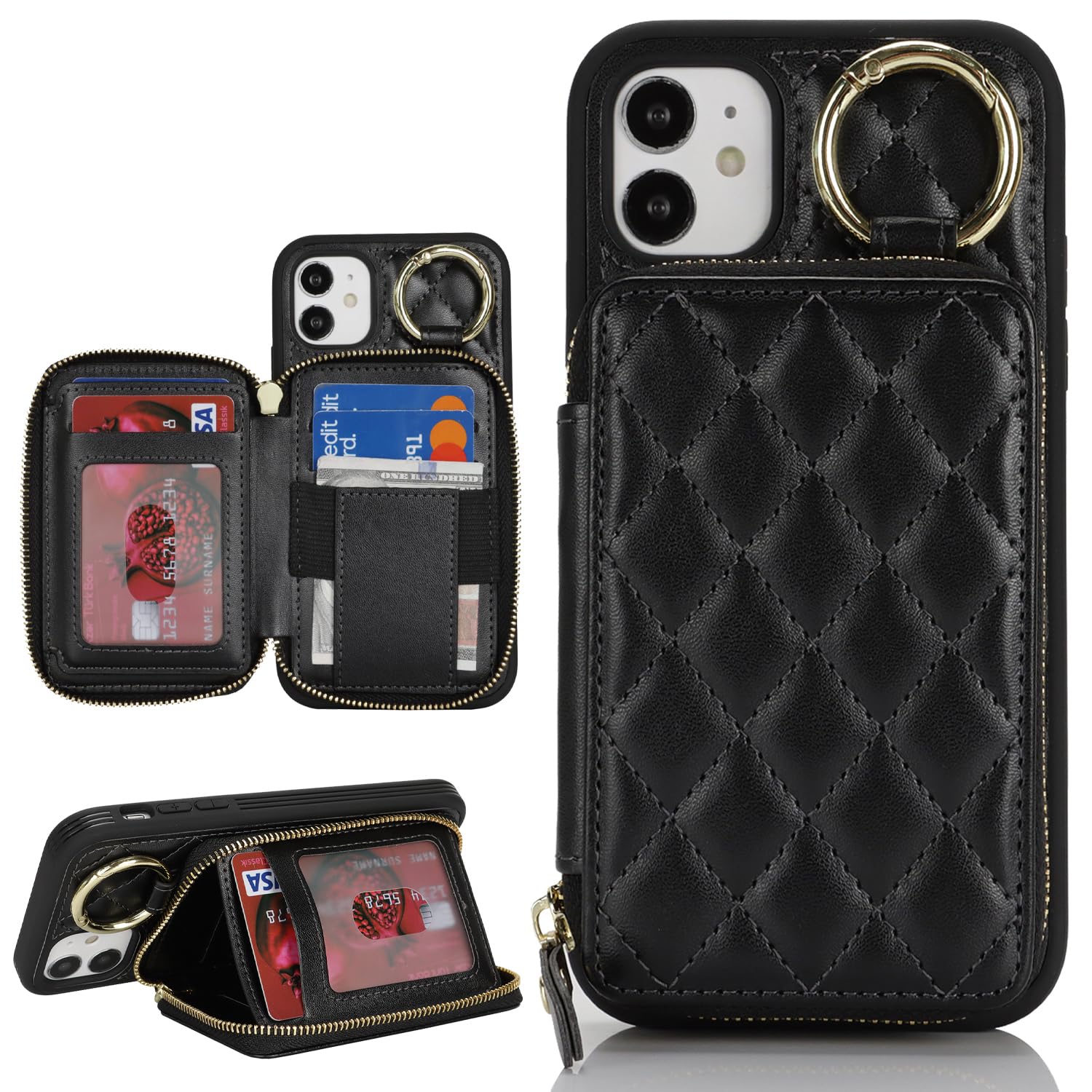 Hamany for iPhone 11 Case Wallet with Card Holder,for iPhone 11 Phone case Wallet with Zipper with Slot Kickstand Stand Case for Women and Man 6.1 Inch-Black