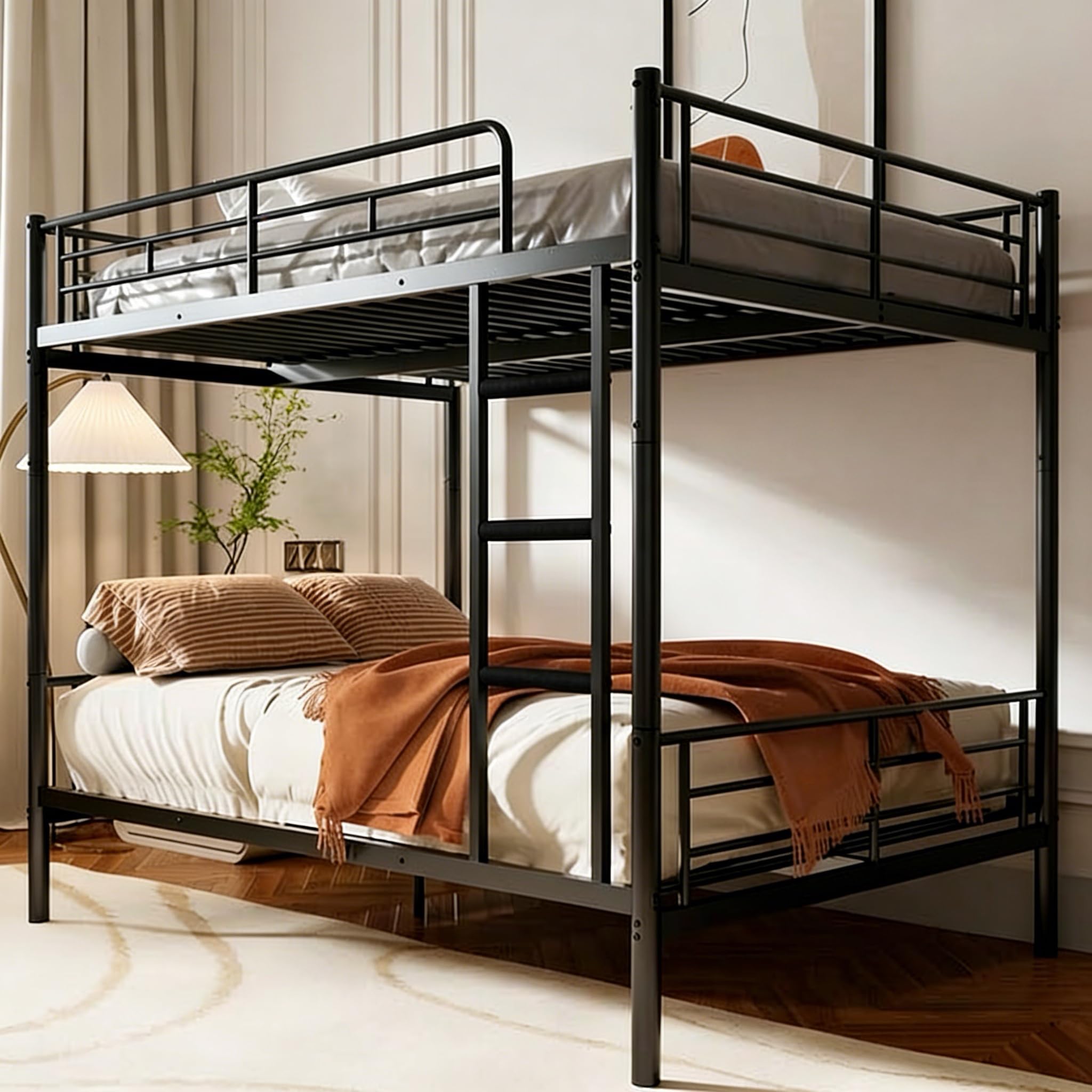 Photo 1 of Mixcous Full Over Full Metal Bunk Bed for Adults & Kids, Convertible to 2 Separate Full Size Beds, Heavy Duty Bunk Bed Frame with Full-length Guardrail & EVA Padded Ladder, No Box Spring Needed, Black