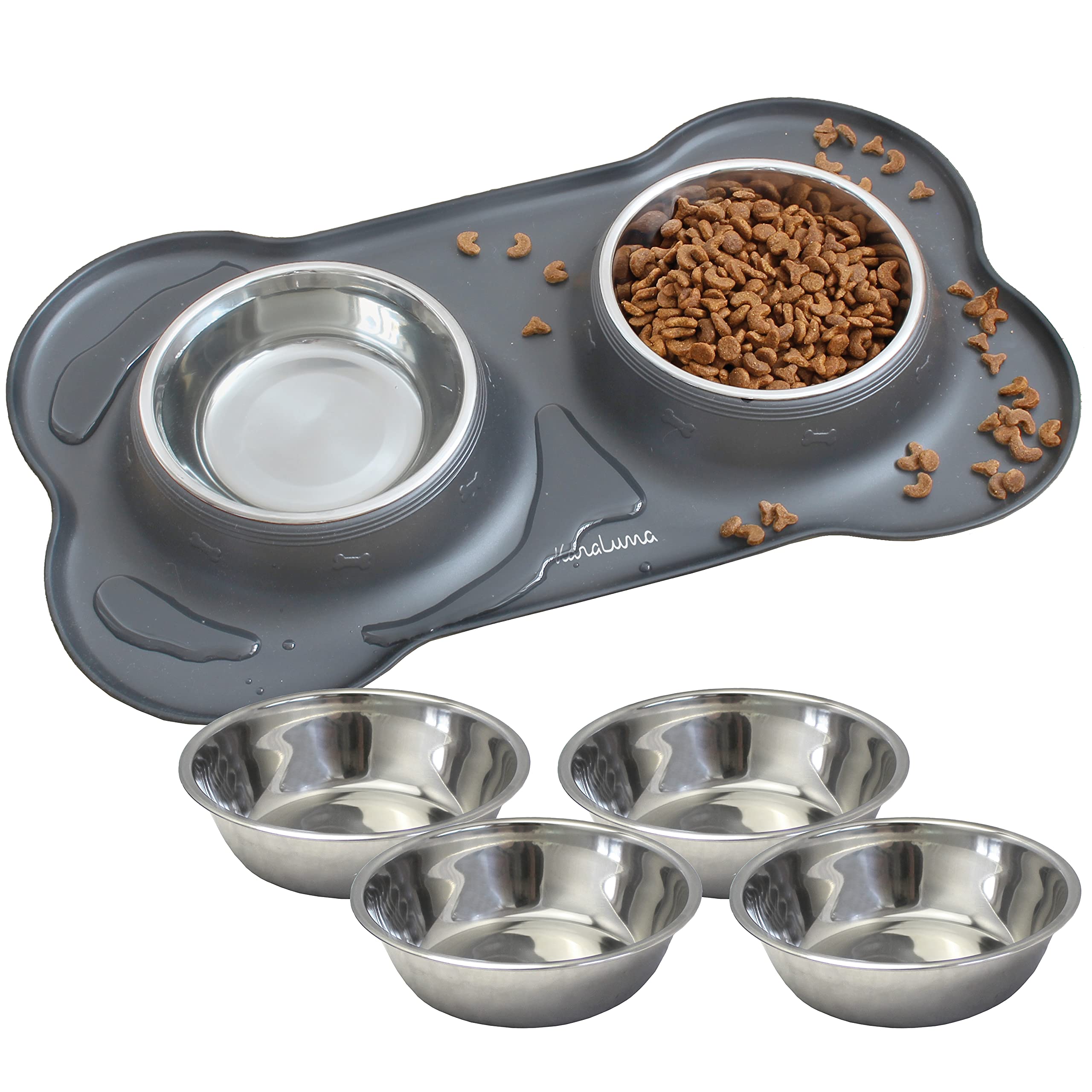 KaraLuna Silicone Bowl Mat with Stainless Steel Feeding Bowl I for Cats and Dogs I Feeding Bowl Cat Bowl Dog Bowl Cat Bowl Station Bowl Mat (400 ml, Grey)