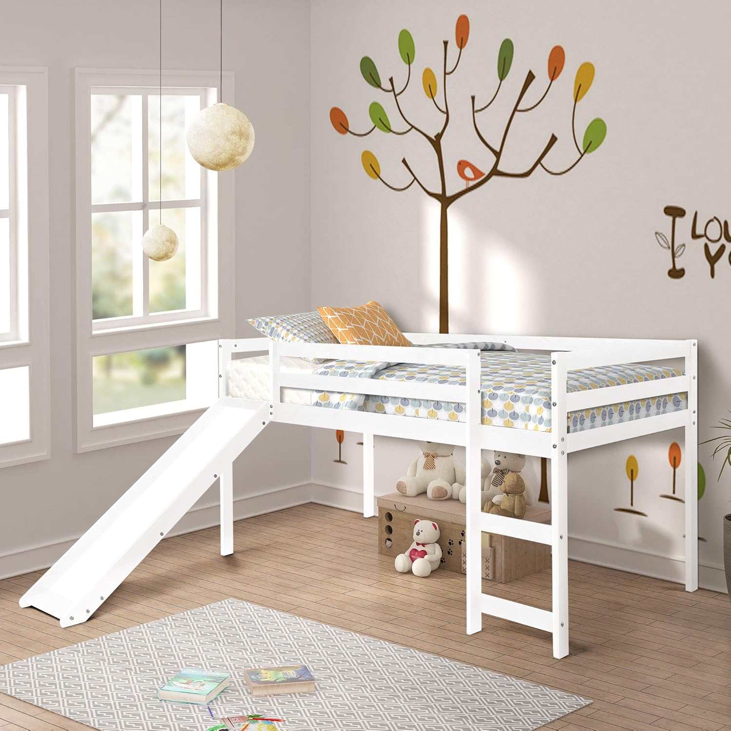 Twin Loft Bed with Slide for Kids/Toddlers, Wood Low Sturdy Loft Bed, No Box Spring Needed, White