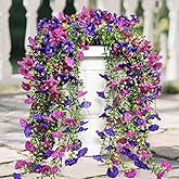 RioBeryo 6PCS Artificial Hanging Flowers for Outdoor Decor - UV Resistant Fake Morning Glory Realistic Silk Spring Summer Hanging Plants for Porch Patio Balcony Yard(Mixed Color)