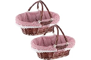 MAHIONG 2 PCS Brown Wicker Woven Gift Easter Basket, Hand Woven Empty Willow Woven Basket with Double Folding Handles and Washable Gingham Liner, Wicker Picnic Basket for Egg Candy Fruit Toy Storage
