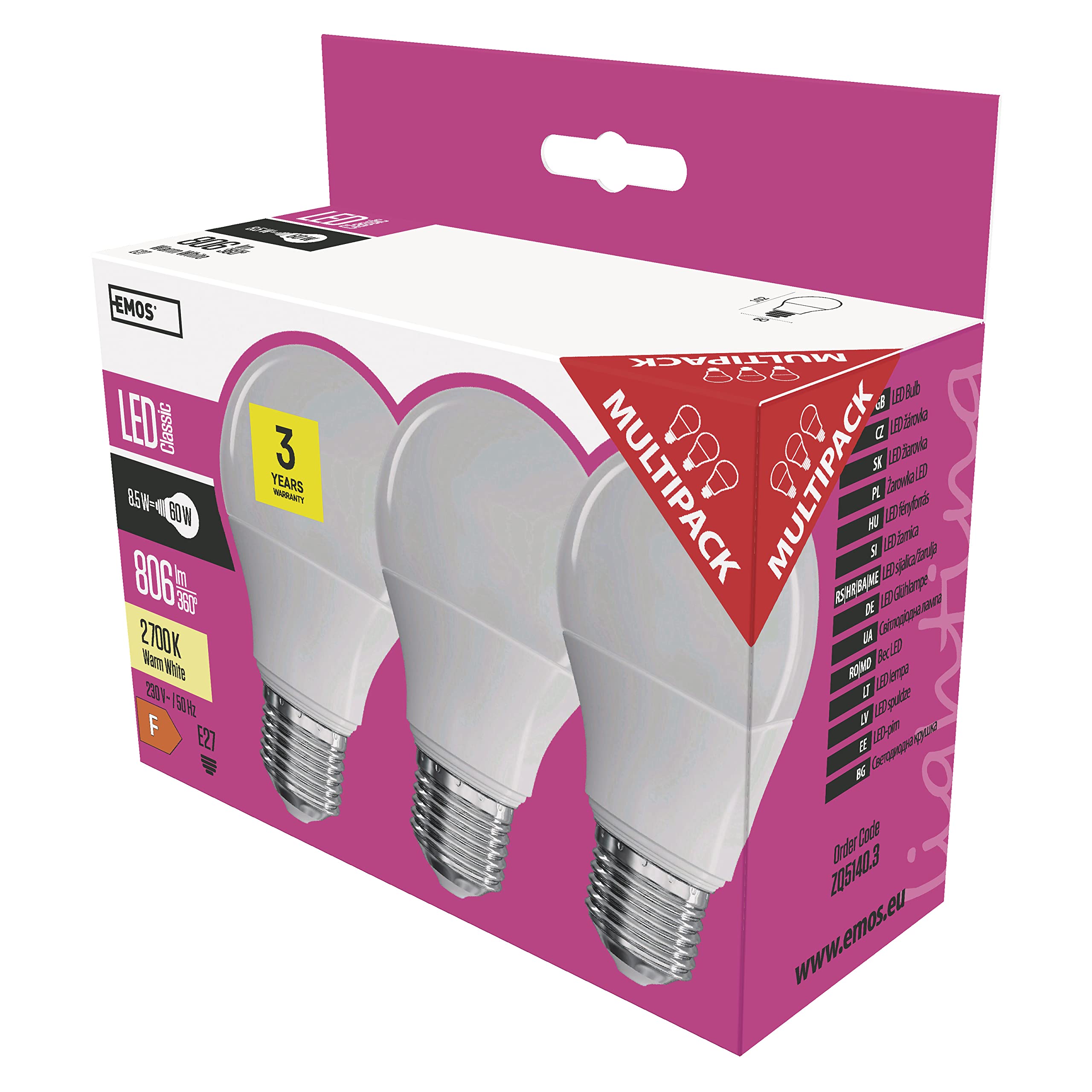 EMOS 3 Pack A60 A+ 9W Equivalent 60W Incandescent Bulb E27 Base 806 Lumens Warm White 2700K 30000 Hours Life Lamp 6" x 2.4" x 4.4"