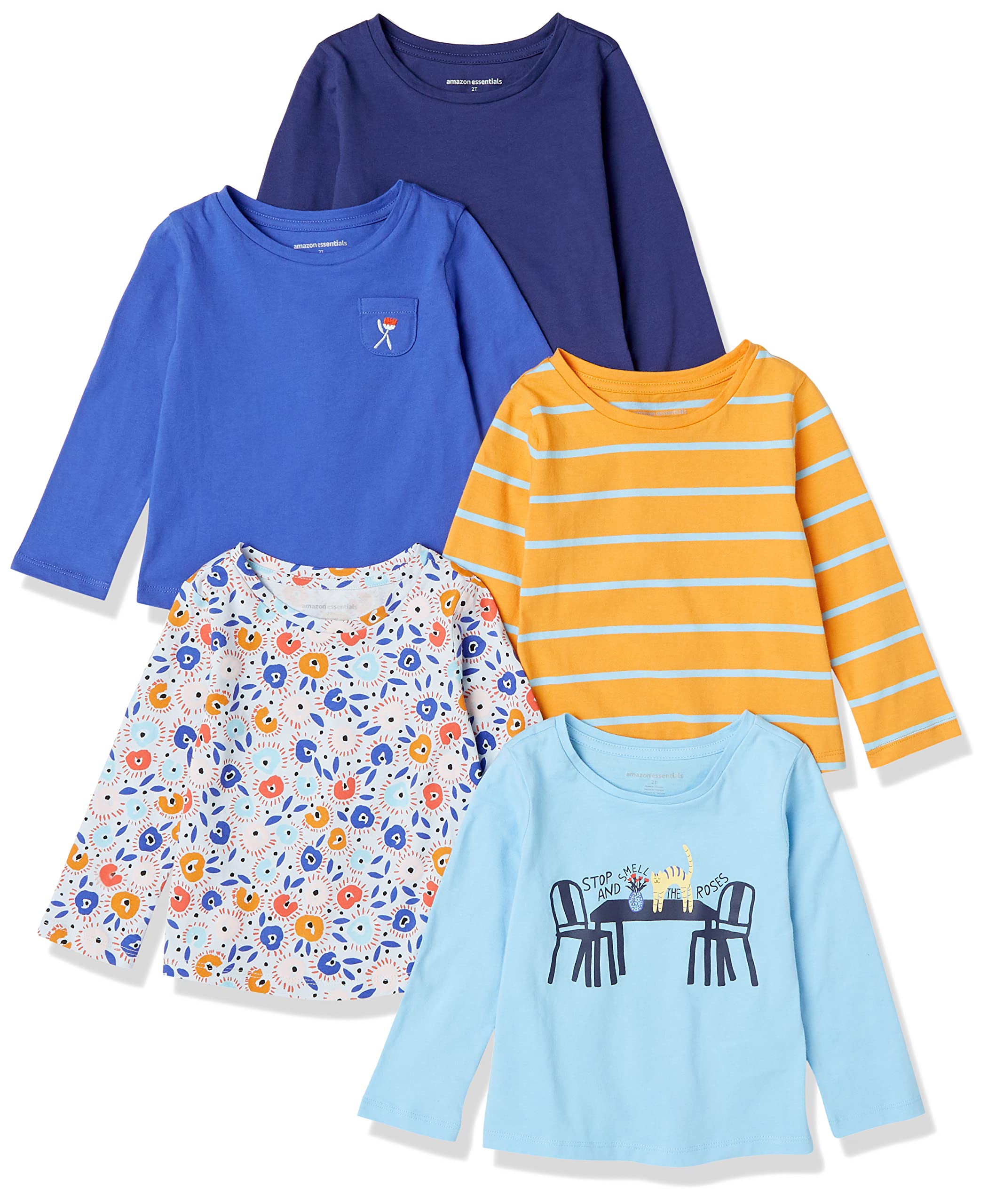 Photo 1 of Amazon Essentials Girls' Long-Sleeve T-Shirts, Pack of 4, Blue/Dot Floral, X-Small