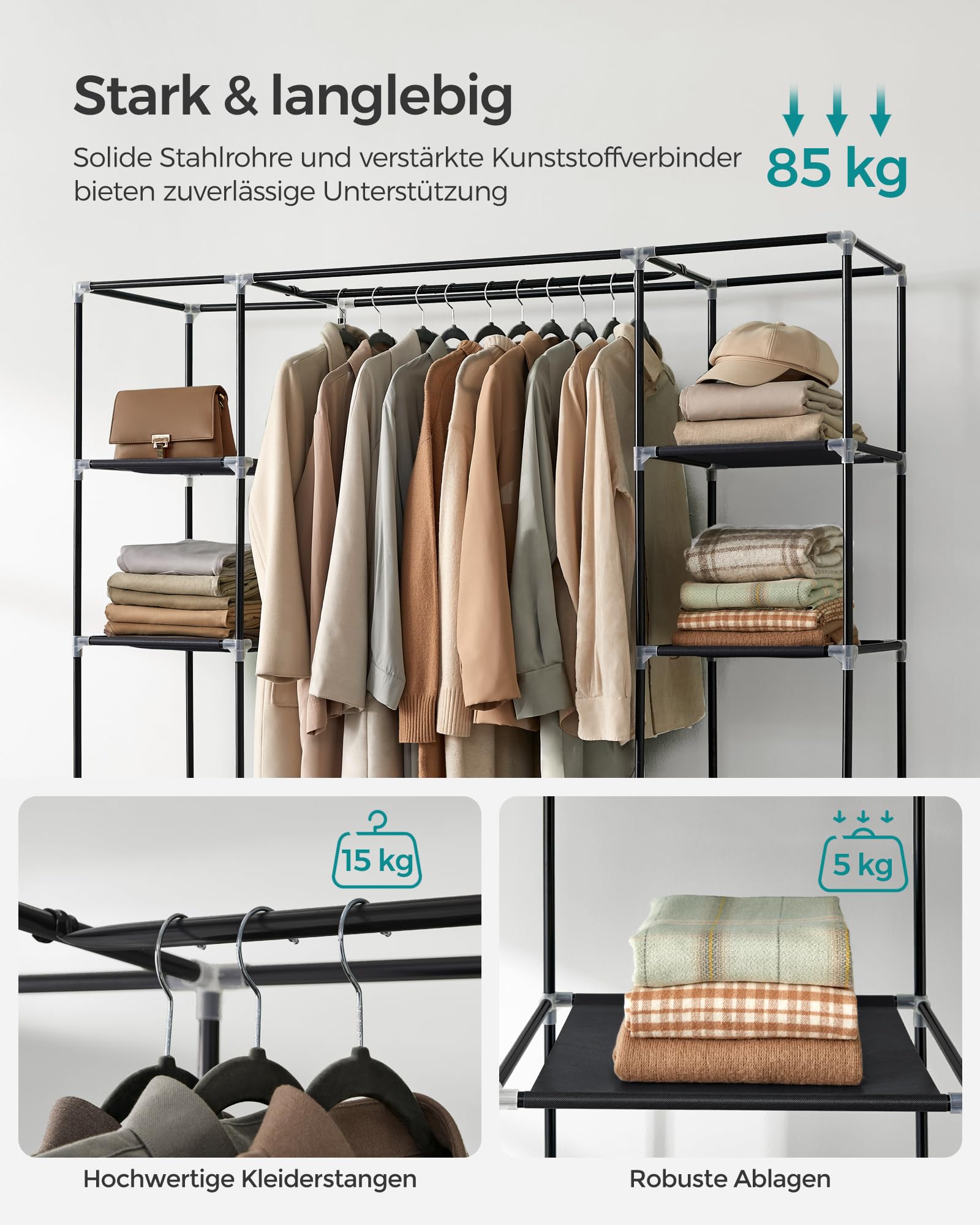 SONGMICS Kleiderschrank, Stoffschrank, mit Kleiderstange und Ablagen, Soffüberzug, für Schlafzimmer, Ankleidezimmer, 150 x 45 x 175 cm, schwarz LSF03H 8