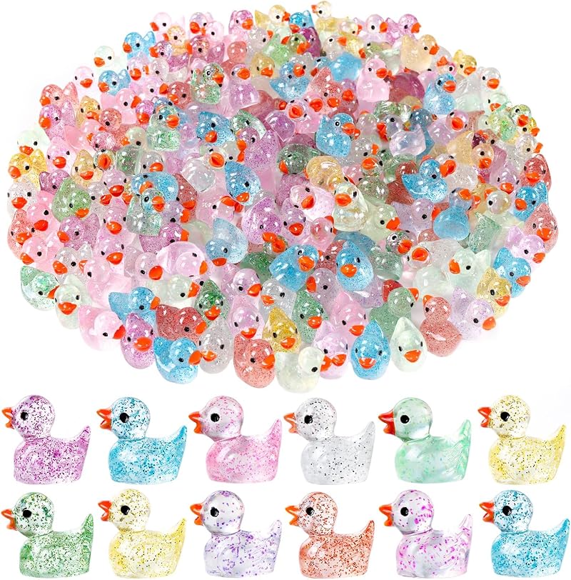 JOLCEEY 100pcs Mini Ducks Glitter Resin Tiny Ducks 10 Colors Aquarium Dollhouse
