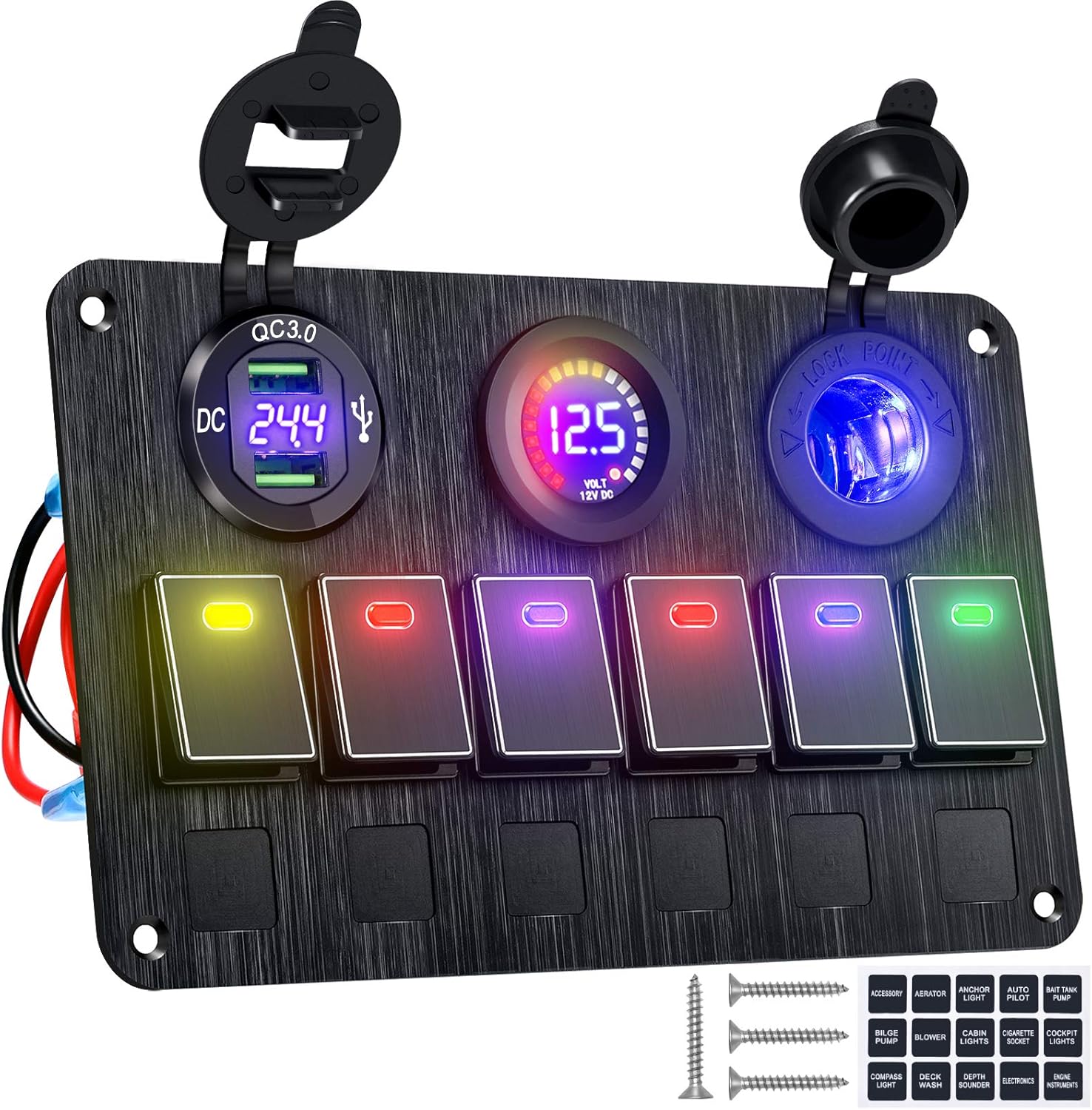 Kohree Upgrade 6 Gang Marine Boat Rocker Switch Panel, 12V Aluminum Waterproof Led Switch Panel for Car Truck Marine Boat, Digital Voltmeter Display Dual QC 3.0 USB Charger Port DC 12/24 Volt Socket: Sports & Outdoors