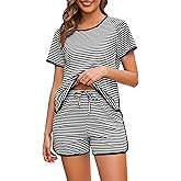 Namatime Cotton Pajama Sets for Women 2 Piece Lounge Set Stripe Pj Set Loungewear Short Sleeve Top and Shorts with Pockets