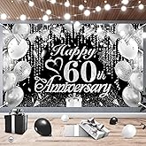 60th Anniversary Decorations Banner Black Silver 60th Diamond Wedding Anniversary Banner for Diamond Wedding Party Decorations 72.8x43.3''