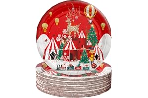 AFZMON 50 Pack Christmas Party Plates Dessert Paper Dinnerware Plates, 7 Inch Red Reindeer Castle Theme Disposable Round Plate for Xmas Holiday Party Supplies