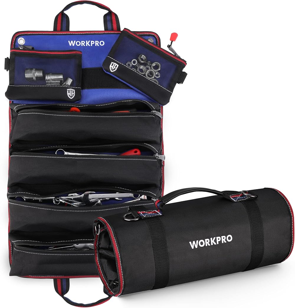 WORKPRO Tool Roll Bag 720D Multi-Purpose with 2 Detachable Pouches 6 Zipper