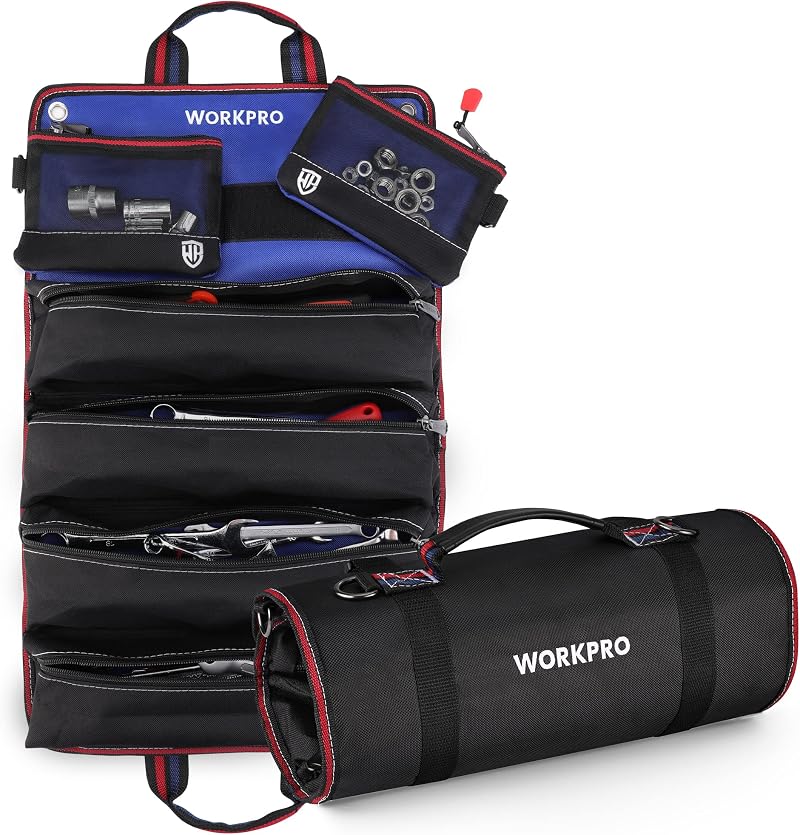 WORKPRO Tool Roll Bag 720D Multi-Purpose with 2 Detachable Pouches 6 Zipper