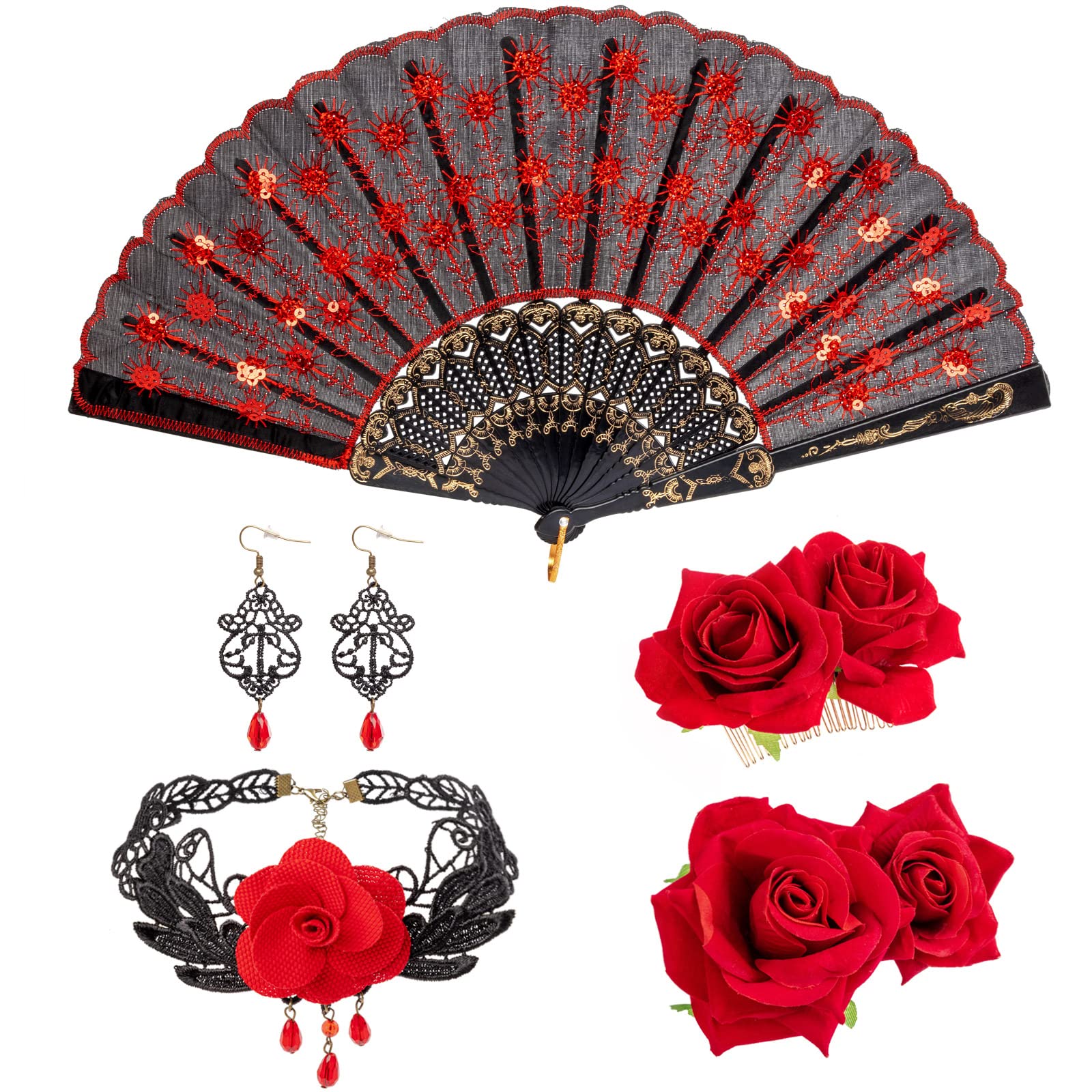 DRESHOW Rose Flower Hair Clip Fabric Hollowed Handheld Folding Fan Set Hair Accessories for Women Flamenco Dancer
