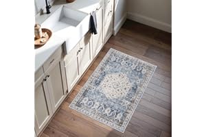 RUUGME Washable Living Room Area Rug - 2x3 Small Bedroom Rugs Vintage Rustic Style Carpets with Non Slip Backing Distressed Floor Mat for Dining Room Kitchen Bathroom (Aqua Blue, 2'x3')