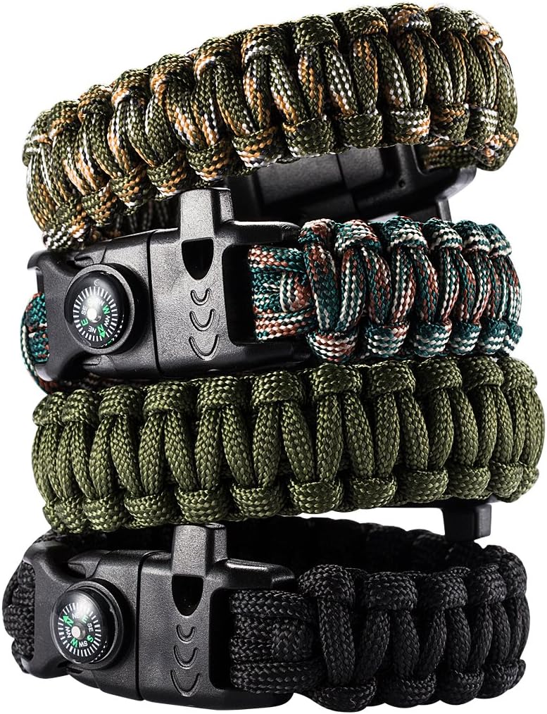 G2PLAY 5 in 1 Paracord Bracelet Outdoor Survival Gear Kits with Embedded Compass Fire Starter Emergency Knife & Whistle (4 Packs Solid)