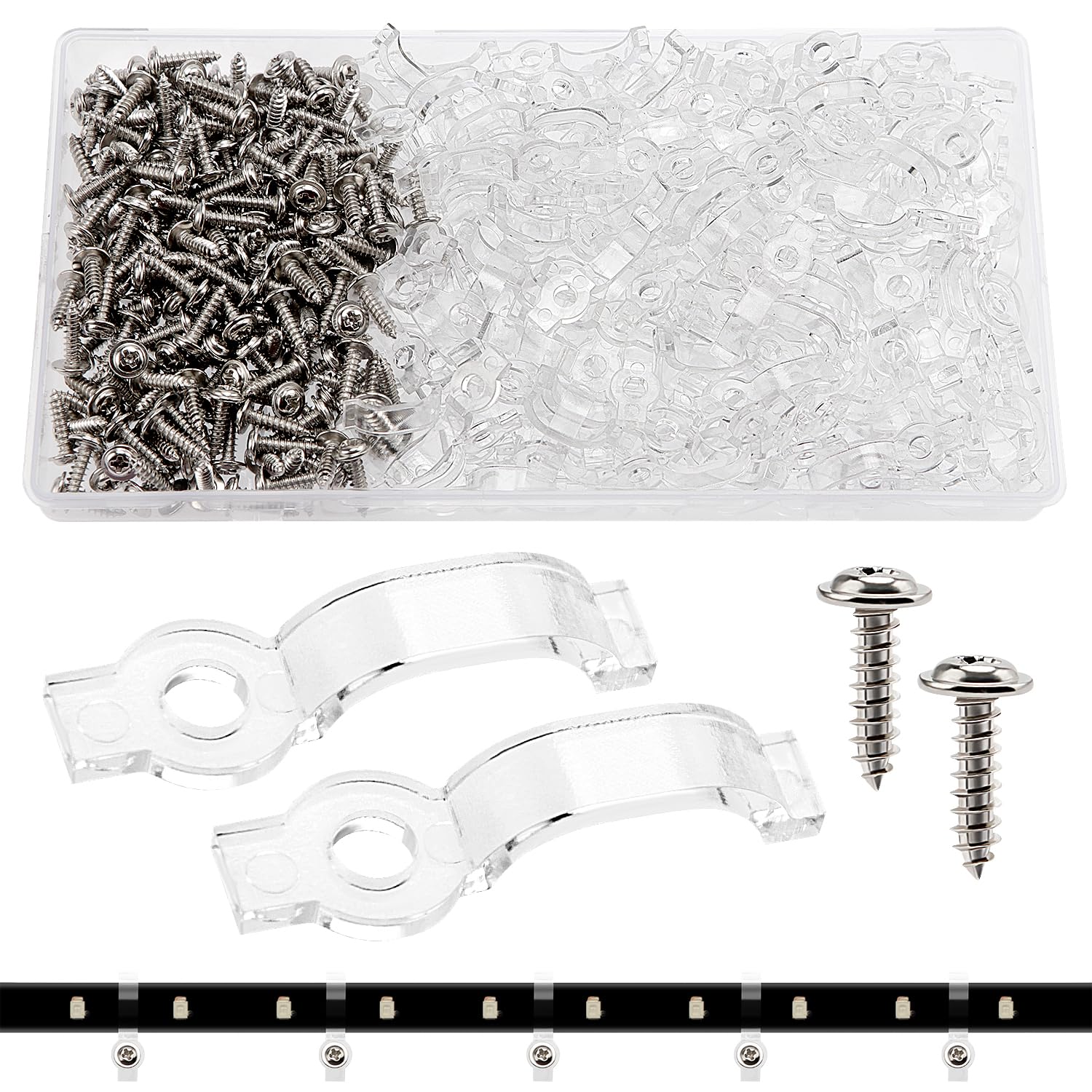 VooGenzek 200 PCS 10mm Light Strip Clips, LED Strip Light Mounting Clips, Strip Light Mounting Brackets, with Screws, for 10mm Wide LED Strips Lights (Transparent)