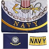Embroidered Navy Emblem Flag Double Sided 3x5 Outdoor- 300D Heavy Duty Nylon- Military 3x5 Navy Outdoor Banner Flag- Brass Grommets & 4 Rows Stitched