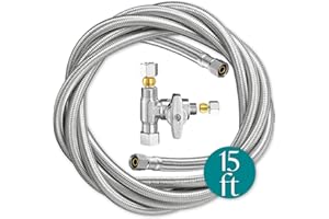ONDIOMN Refrigerator Ice Maker Water Line Kit - 15' Braided Stainless Steel Fridge Water Line with 1/4" Compression Fittings Pex Tubing Core and Water Splitter
