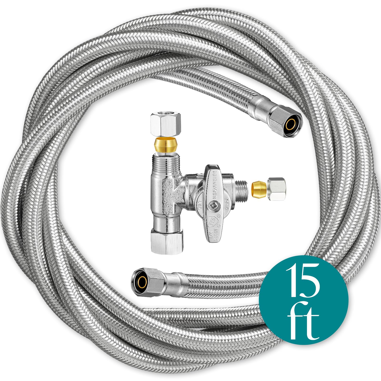 Photo 1 of Refrigerator Ice Maker Water Line Kit - 15' Braided Stainless Steel Fridge Water Line with 1/4" Compression Fittings Pex Tubing Core and Water Splitter