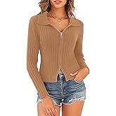 ZAFUL Women's Zip Up Sweater Long Sleeve Polo V Neck Ribbed Knit Slim Cropped Sweater Pullover Jumper Tops