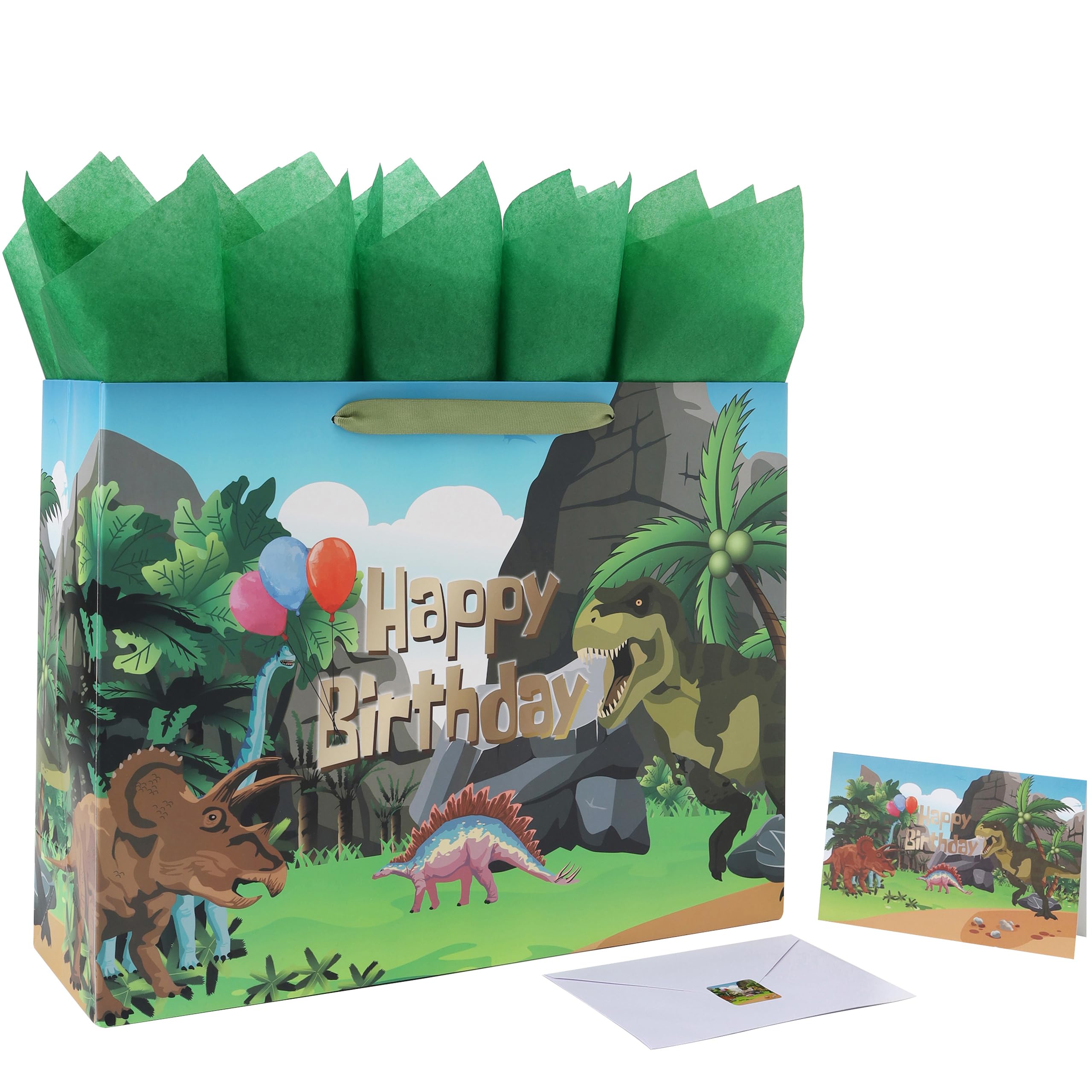 Photo 1 of 16.5'' Extra Large Dinosaur Birthday Gift Bag Set with Handles, Greeting Card, Black Tissue Papers and Stickers for Boys Kids Teens, Dinosaur Design, 1 Pcs