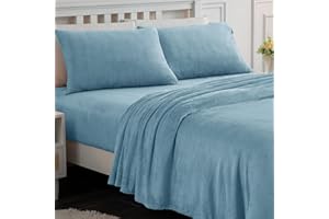 Softan Fleece Sheets Queen Size, Flannel Like Soft, Fuzzy Warm Plush Sheets, Velvet Polar Microfleece Bedding for Winter, Light Blue