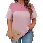Cakrisyal Womens Plus Size Short Sleeve Color Block Pullover Tunic Tops Summer Casual Crewneck Side Split T Shirts Pink