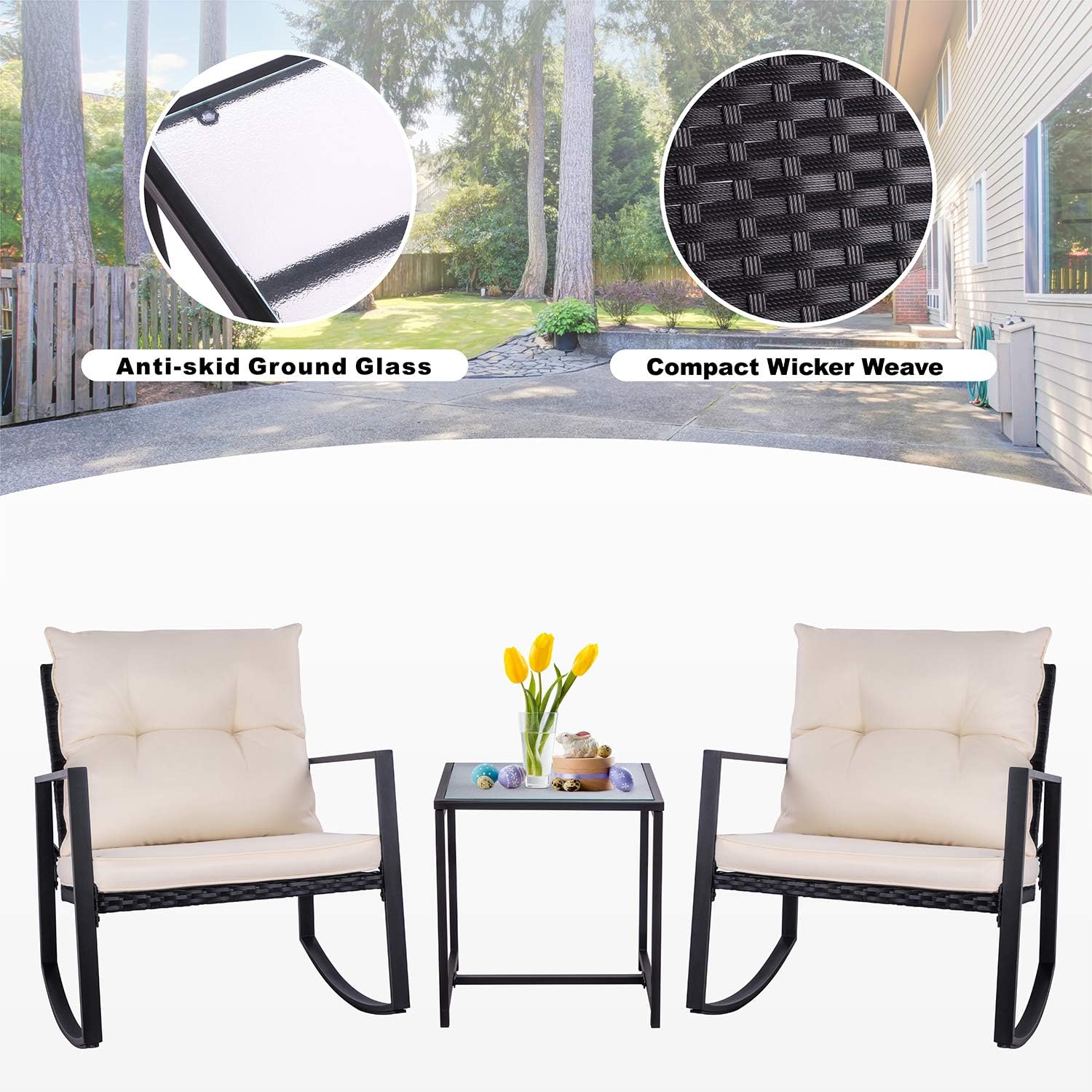 Shintenchi Outdoor 3 Piece Rocking Bistro Set, Wicker Patio Outdoor Furniture Porch Chairs Conversation Sets with Glass-Top Coffee Table for Backyard Porch Poolside Lawn, Garden, Black : Garden & Outdoor