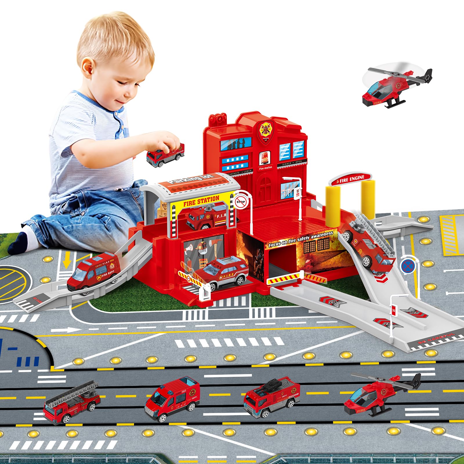 deAO Police Station Playset, Toy Garage for 3 year old, Kids' Play Vehicle Garages with Ramps Track Garage Vehicles Helicopters Traffic Signs,Play Figures Playset (Fire Station Playset)