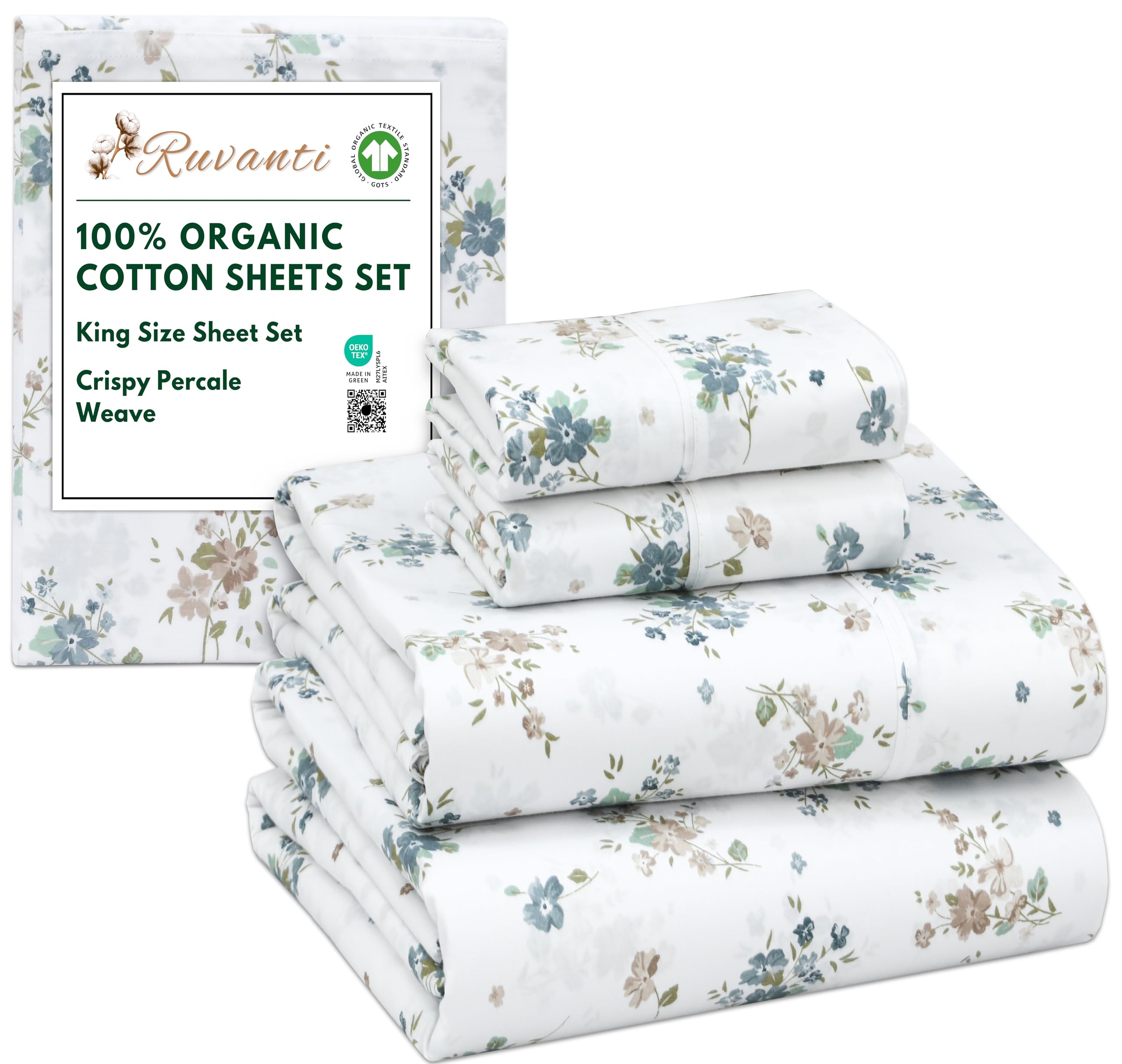 Photo 1 of ***SIMILAR ITEM***RUVANTI 100% Organic Cotton Sheets King Size, Percale Weave, GOTS Certified, 4-Piece Set, Deep Pocket 15", Crisp & Breathable, Soft Durable Bedding, Sábanas Algodón Orgánico – Halcyon