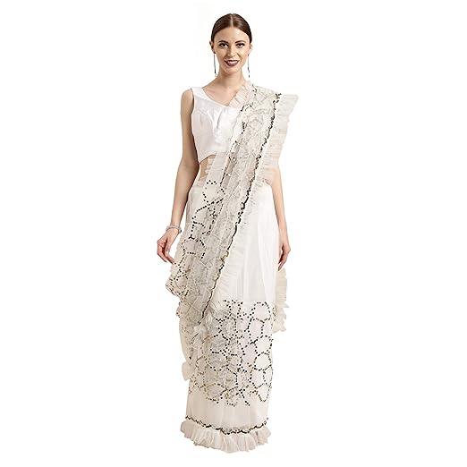 Womanista net with Blouse Piece Saree (WM1323_ White_ Onesize)